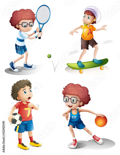Four boys performing different sports