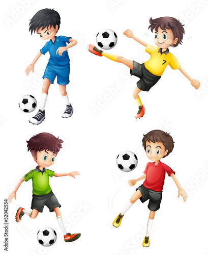 Four soccer players in different uniforms