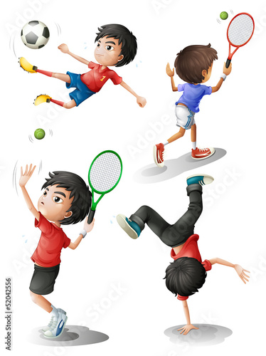 Four boys playing different sports