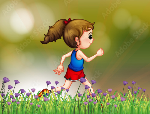 A girl jogging near the garden