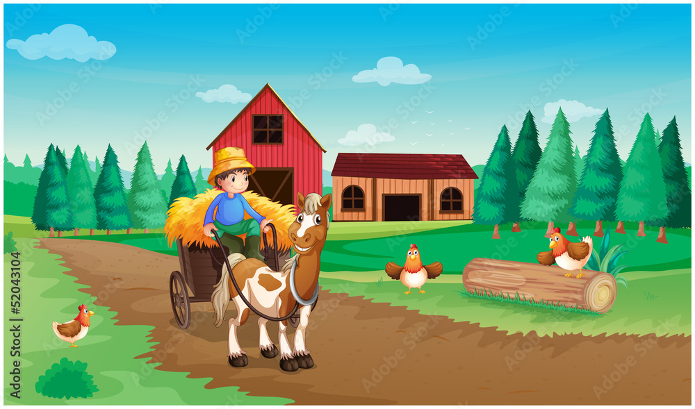 A farm with a farmer and his pets A farm with a farmer and his pets