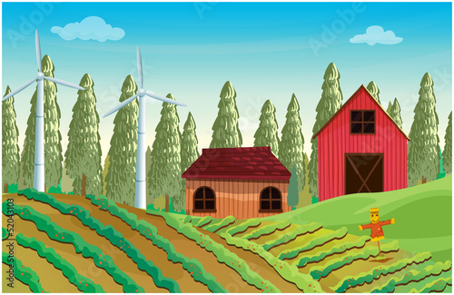 A farm with windmills and two wooden houses