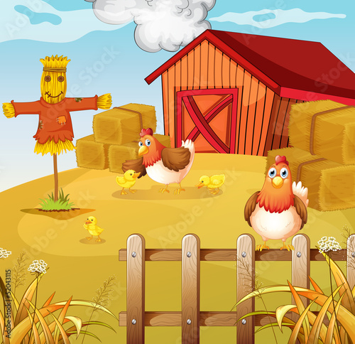 A farm with two chickens and three chicks