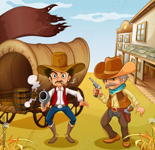 Two men holding guns with a wooden carriage at the back
