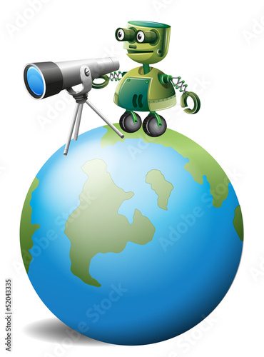 A robot with a telescope above the globe
