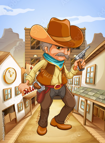 A man holding a gun with a hat outside the saloon
