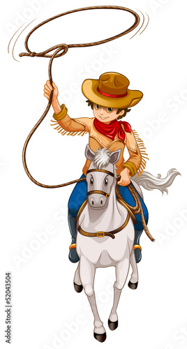 A boy riding a horse with a hat and a rope
