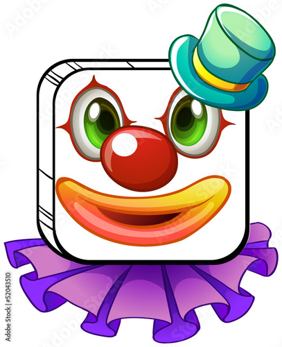 A square-shaped face of a clown with a violet collar