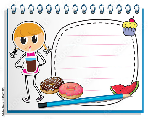 A notebook with a drawing of a girl with a juice