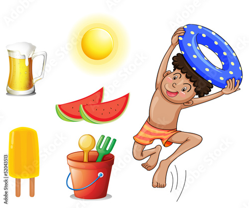 A boy with the different things for summer