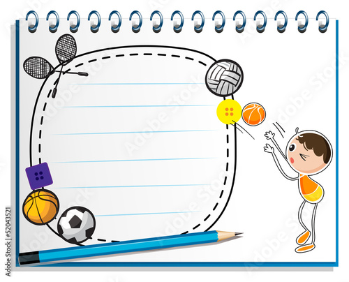 A notebook with a drawing of a boy playing basketball