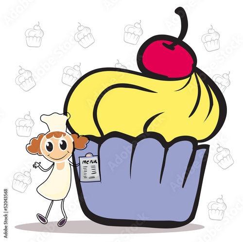 A chef holding a menu beside a giant cupcake