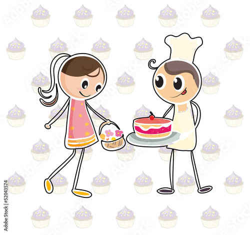 A girl with a basket of flowers and a boy with a cake