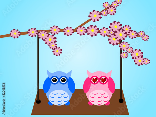 Owls in love on a swing photo