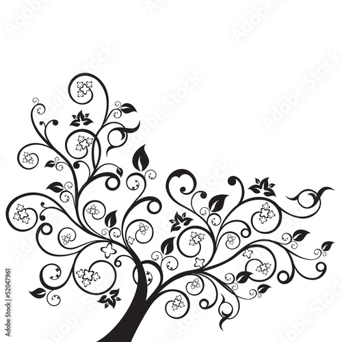 Flowers and swirls design element silhouette in black