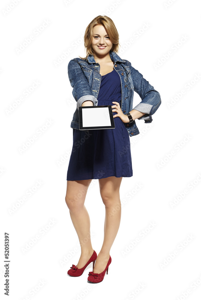 Woman showing touchpad tablet Woman showing touchpad tablet