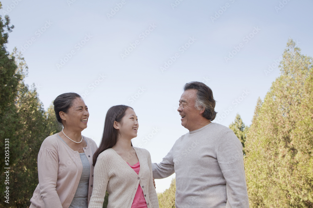 Granddaughter with grandparents walking in the park 