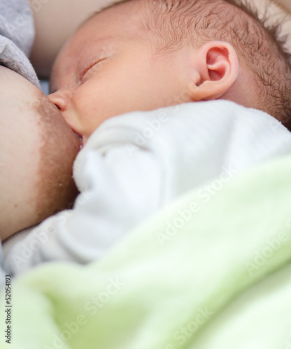 Newborn baby sucks mother's breast.