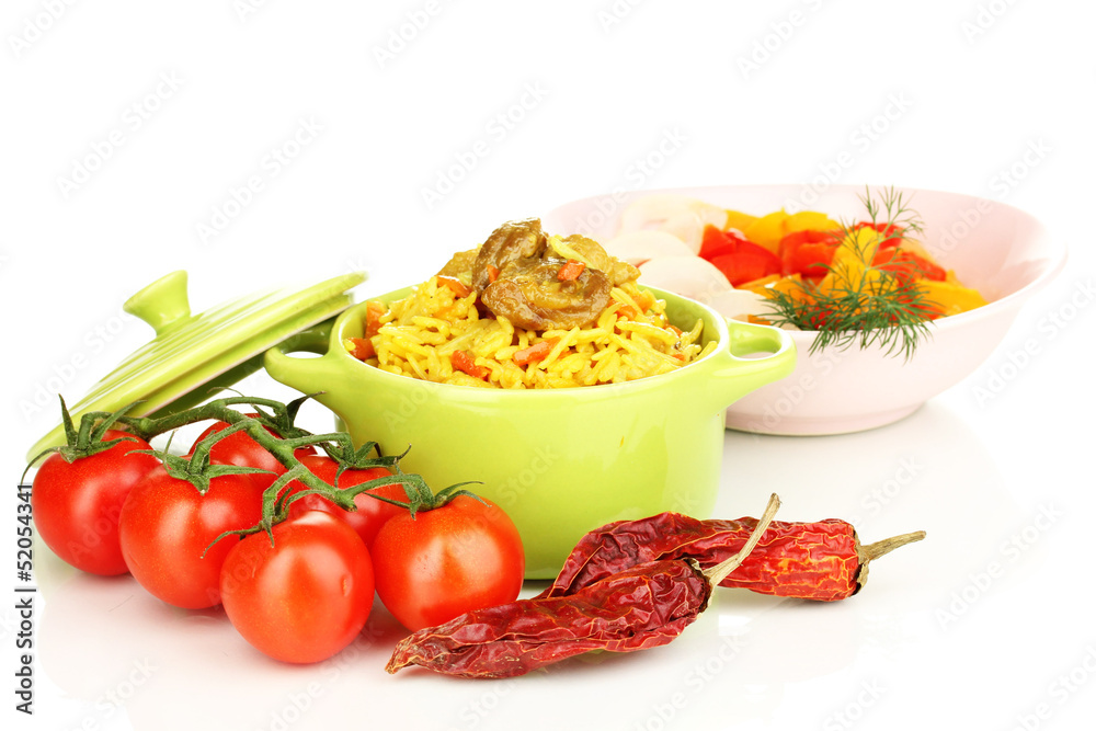 Delicious pilaf with vegetables isolated on white Delicious pilaf with vegetables isolated on white
