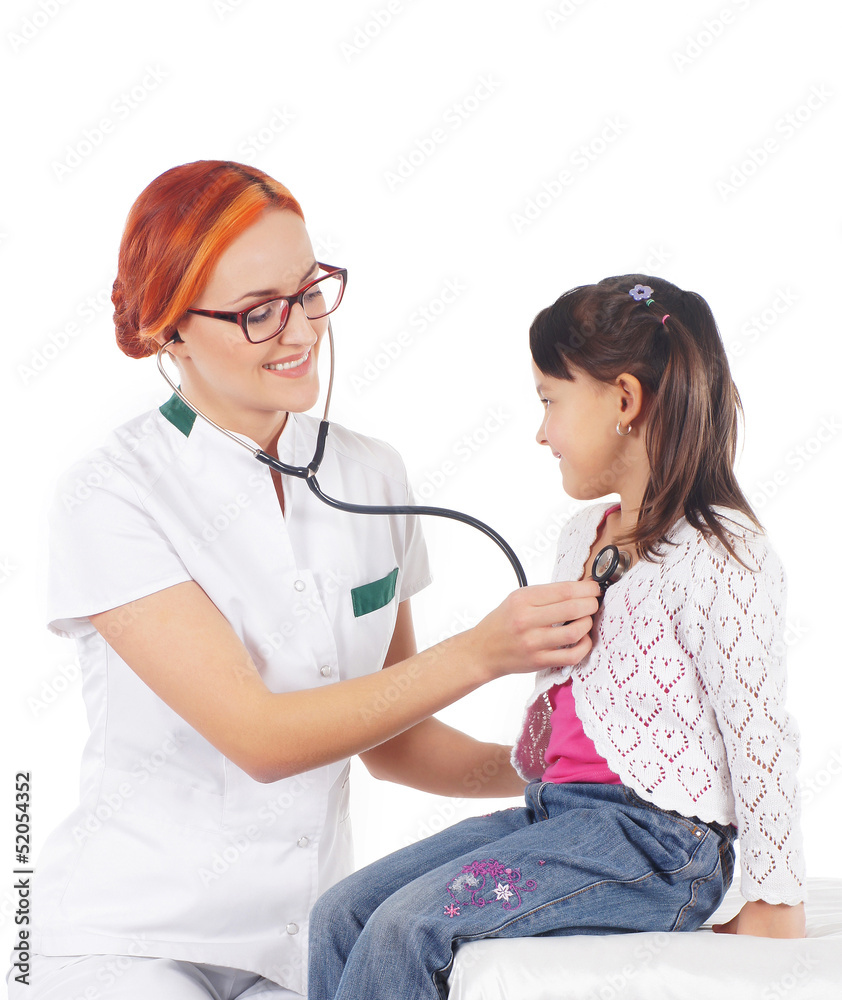 Attractive young doctor and the little girl isolated on white Attractive young doctor and the little girl isolated on white