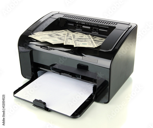 Obraz na plátne Printer printing fake dollar bills isolated on white