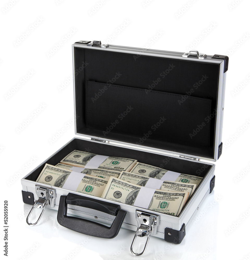 Suitcase with 100 dollar bills isolated on white Suitcase with 100 dollar bills isolated on white