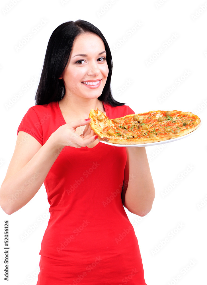Beautiful girl wants to eat pizza isolated on white Beautiful girl wants to eat pizza isolated on white
