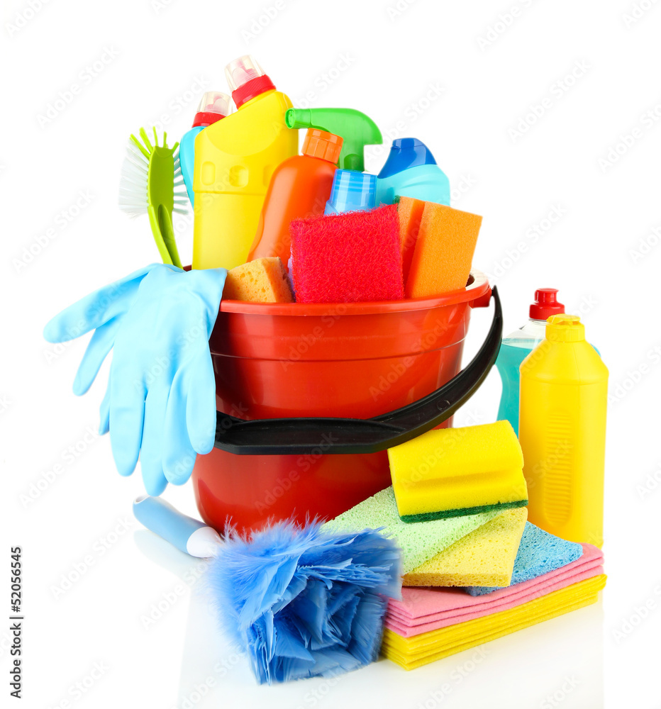 Cleaning items in bucket isolated on white