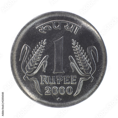 Shiny one rupee coin on  white background photo