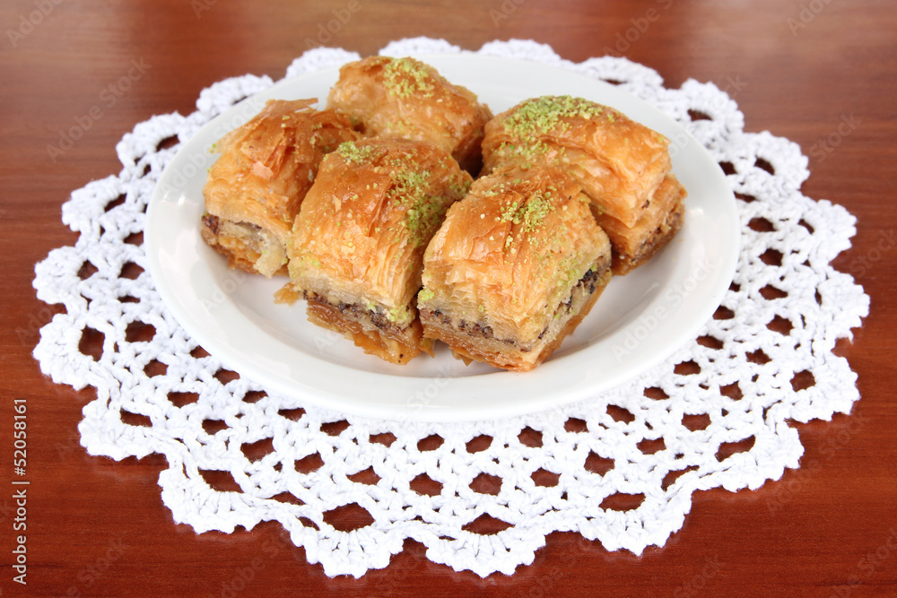 Sweet baklava on plate on table close-up