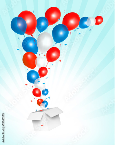 Holiday background with colorful balloons and open box. Vector
