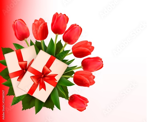 Holiday background with bouquet of red flowers and gift box. Vec