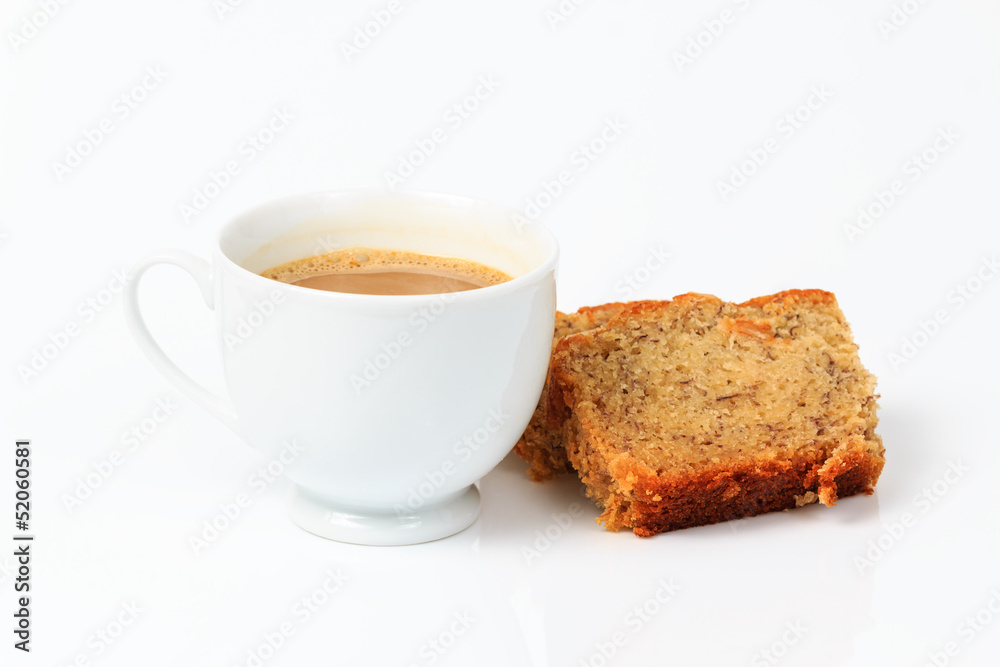 coffee and banana bread isolated on white background coffee and banana bread isolated on white background