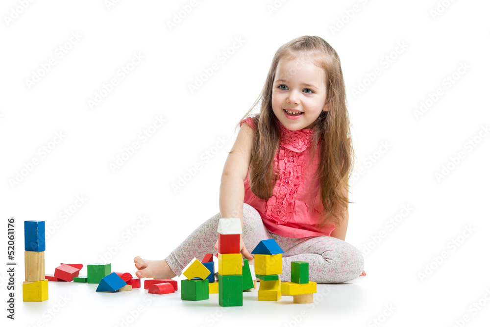 child girl playing with block toys over white background child girl playing with block toys over white background