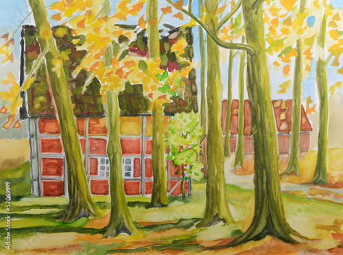 colorful autumn barn - original painting watercolor on paper