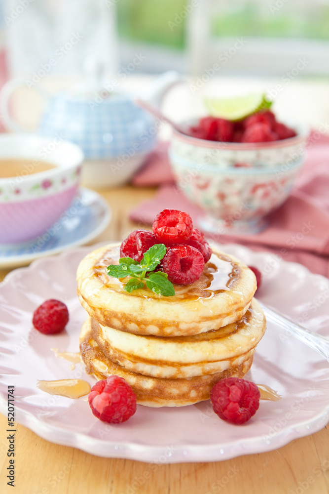 Pancakes with fresh berries for breakfast 