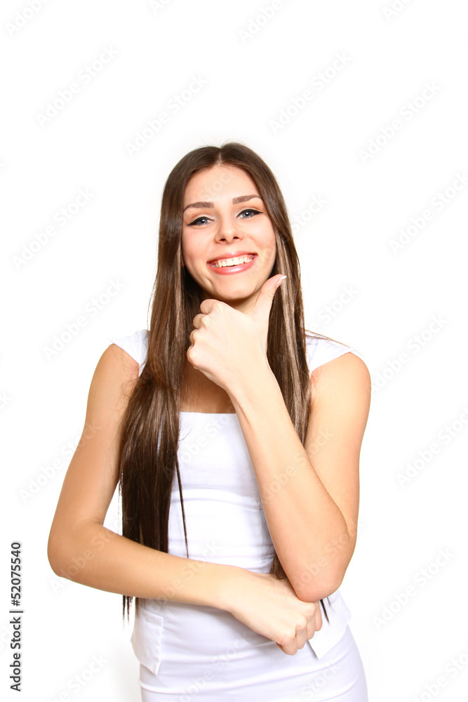 Caucasian woman giving thumbs up over white background Caucasian woman giving thumbs up over white background