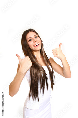 Happy business woman giving two thumbs up on white background