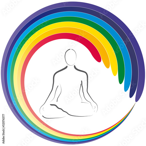 Yoga - Lotussitz - Chakra - Logo für Entspannung und Meditation, Heilung und Achtsamkeit, Esoterik und Spiritalität, Regenbogenfarben