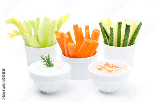 Assorted fresh vegetables and two sauce