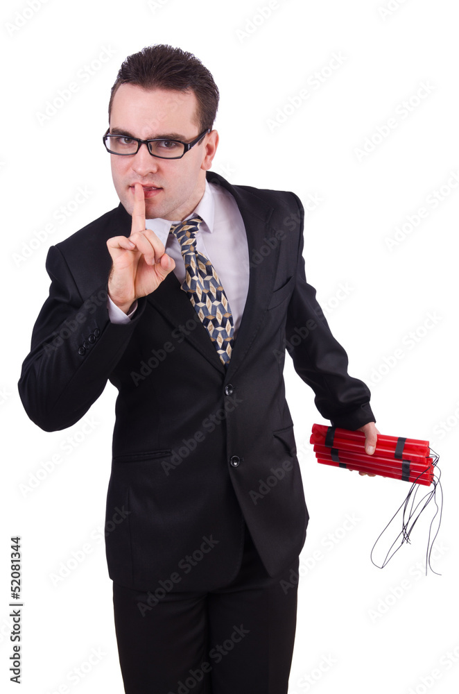 Businessman with dynamite isolated on white Businessman with dynamite isolated on white