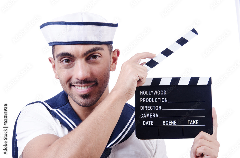 Sailor with movie clapper on white Sailor with movie clapper on white
