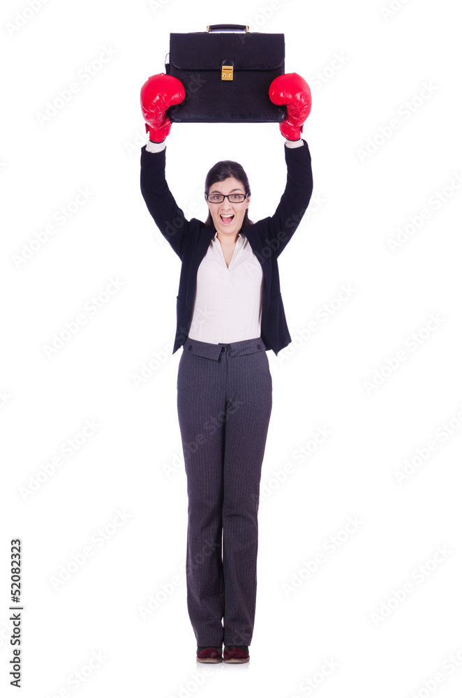 Woman businesswoman with boxing gloves on white Woman businesswoman with boxing gloves on white