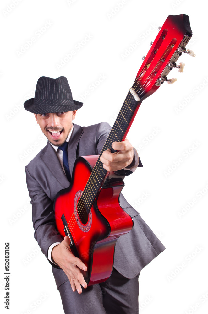 Businessman quitar player isolated on white Businessman quitar player isolated on white