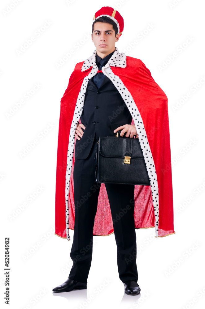 Businessman playing king isolated on white Businessman playing king isolated on white