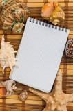 notebook to record notes on  background of seashells and starfis