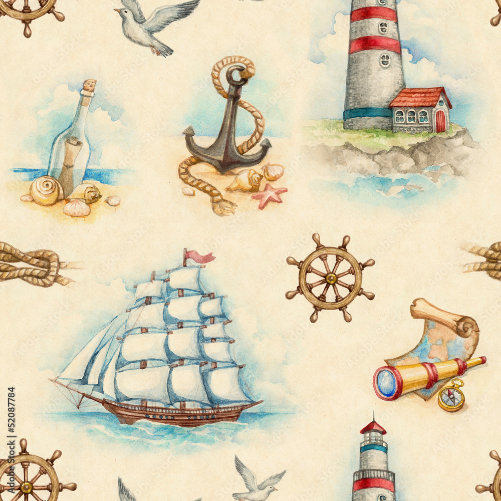 Fototapeta premium Nautical watercolor seamless pattern