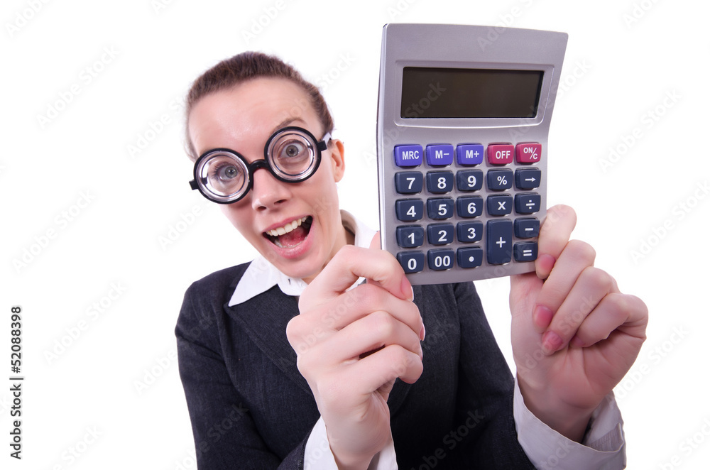 Nerd female accountant with calculator Nerd female accountant with calculator