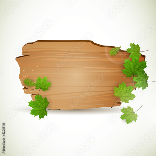Vector Illustration of a Wooden Board with Leaves
