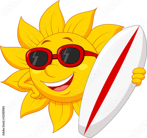 Cute sun cartoon character with surfing boad